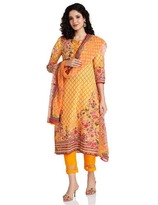 BIBA Cotton Women's Printed Narrow Salwar Kurta Dupatta(Skdikat Bag7483_Yellow_34)
