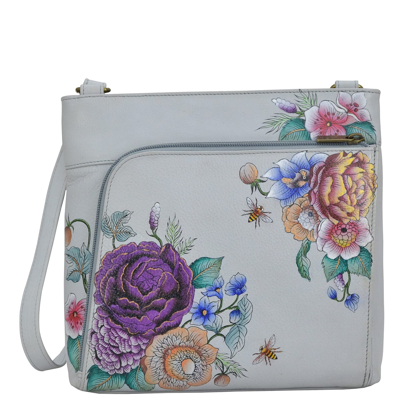 Anuschka Hand Painted Women’s Genuine Leather Crossbody with Front Zip Organiser & RFID Card Protection- Floral Charm