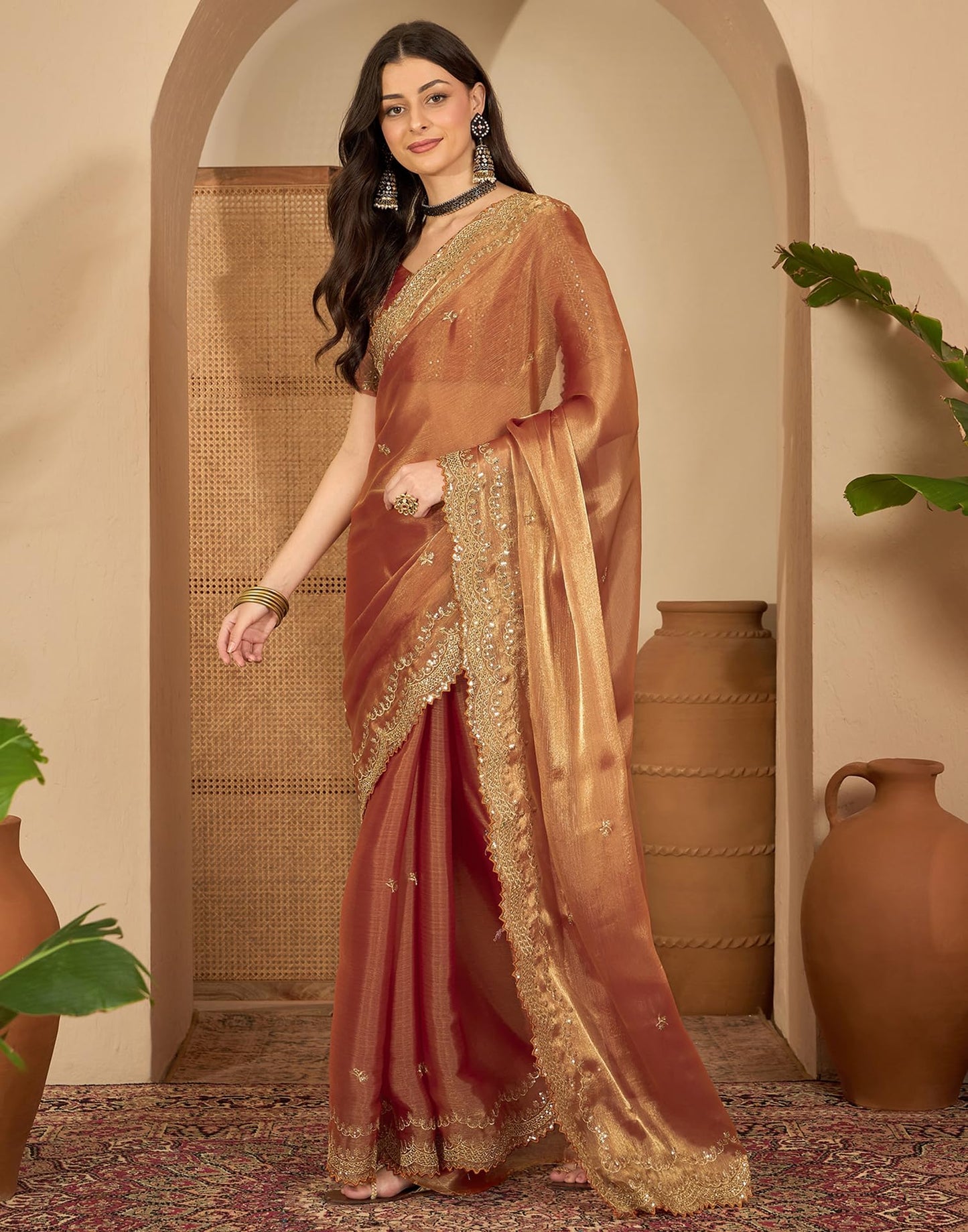 SIRIL Women's Embroidery Chiffon Saree With Unstitched Blouse Piece(4317S171_Orange)