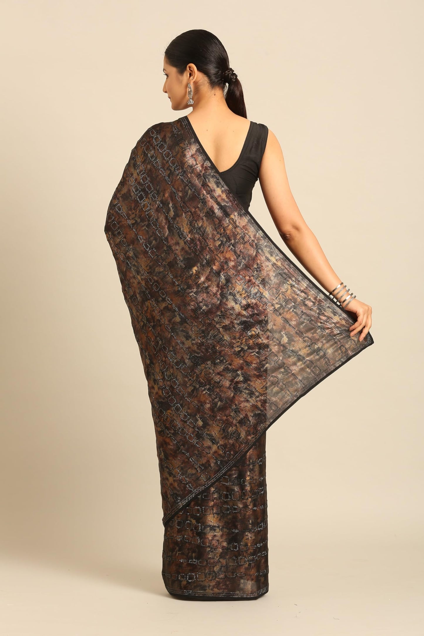 MOHEY Women's Black Georgette Printed|Stone Work Saree