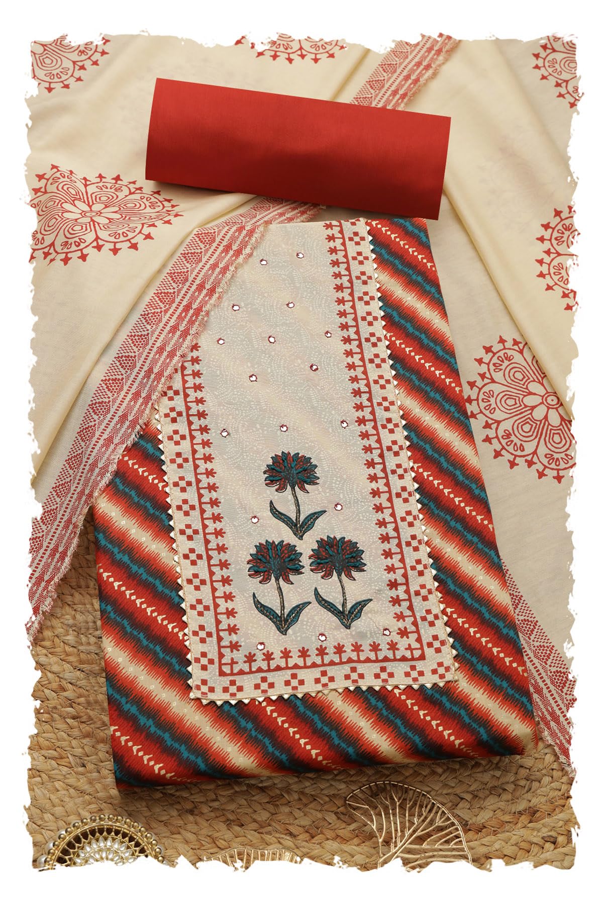 Soch Womens Rust Jam Cotton Striped Unstitch Dress Material With Thread Work