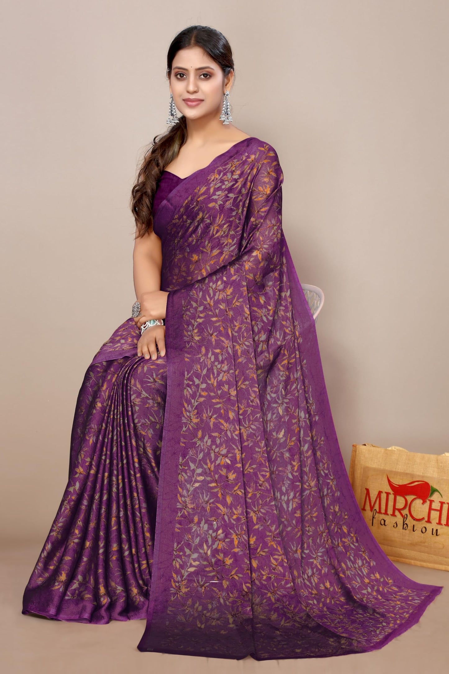 MIRCHI FASHION Women's Chiffon Floral Printed Saree with Blouse Piece (60452 - Dark Wine, Rust)