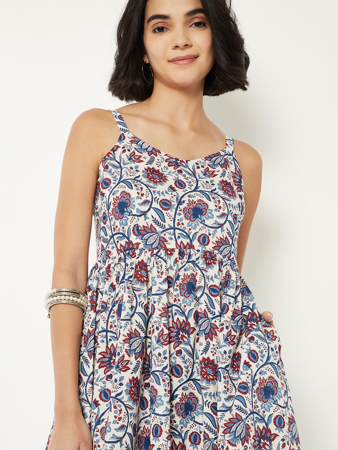 Max Women Floral Print A-line Midi Dress (White_L)