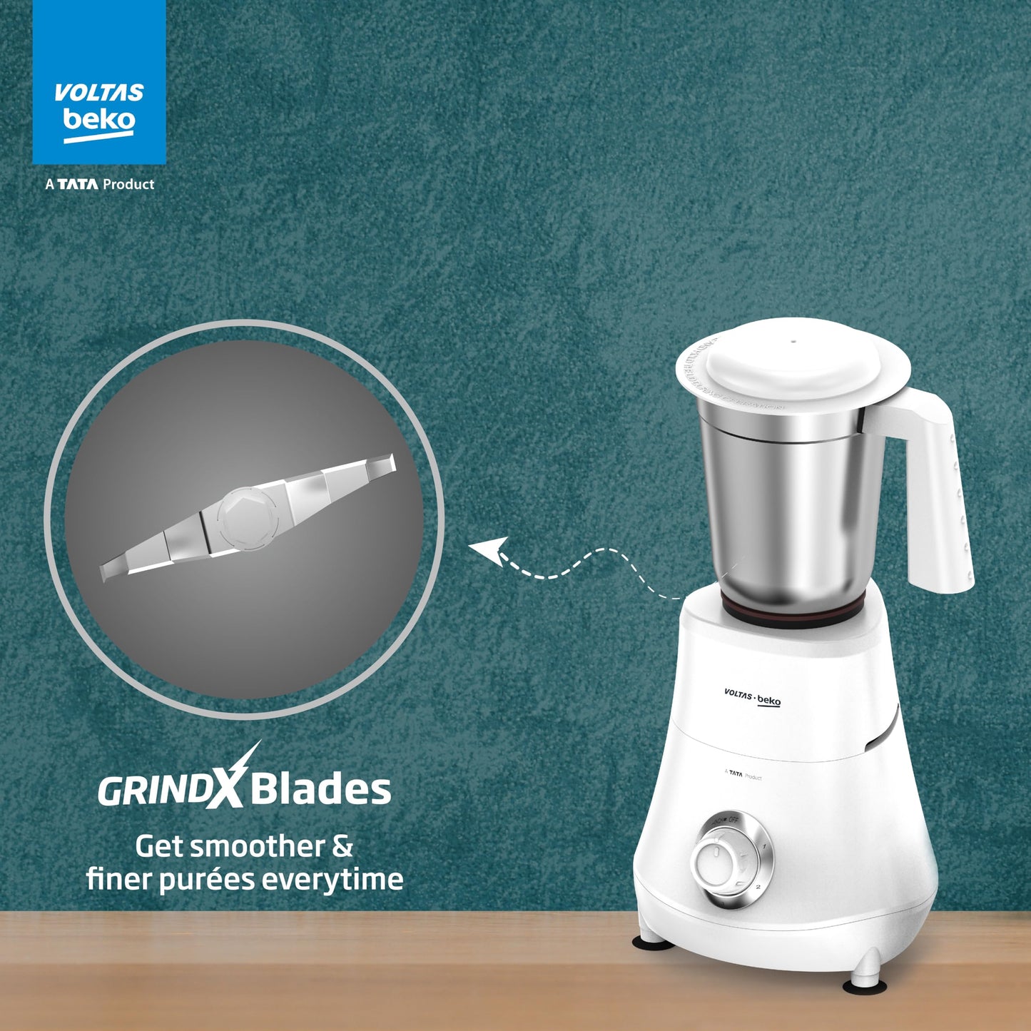 Voltas Beko, A Tata Product Powerfull 500 W Mixer Grinder with GrindX Technology (G5003HP-WH | 3 Jars | White)