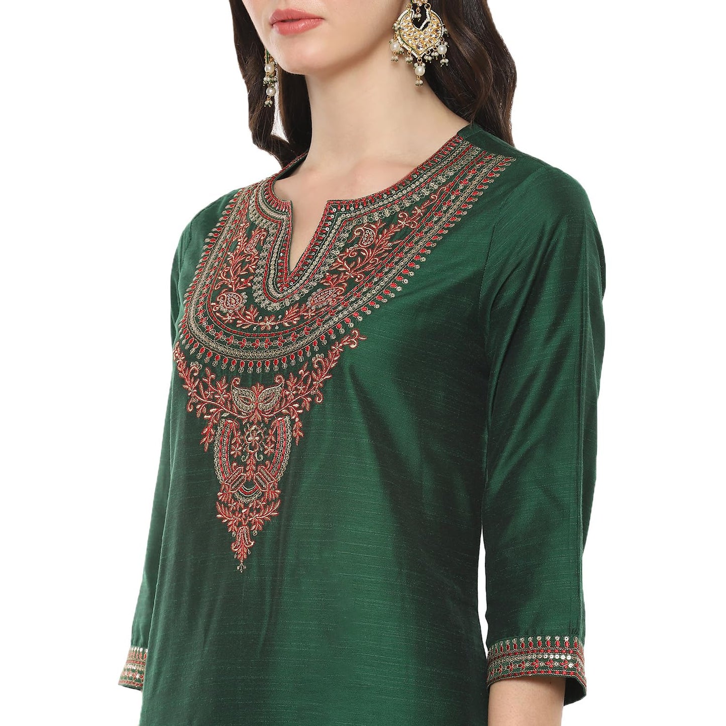 BIBA Cotton Blend Women Embroidery Straight Salwar Kurta Dupatta(Skdbanarasi8852_Green/Red_36)