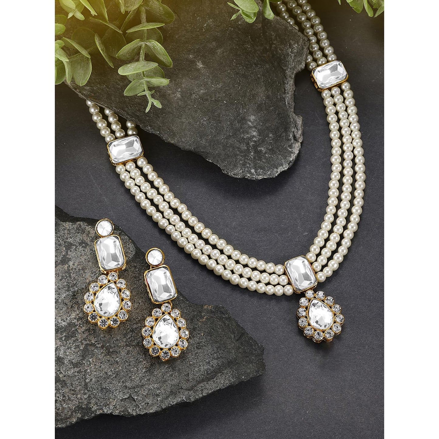 Peora Gold Plated Crystal & Beads Studded White Necklace & Drop Earrings Set Ethnic Jewellery for Women & Girls