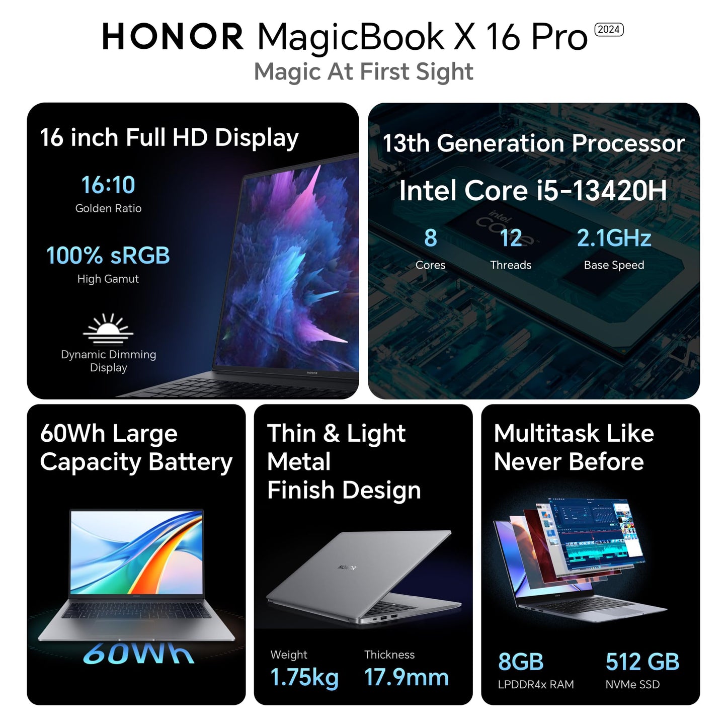 HONOR MagicBook X16 Pro 2024, 13th Gen Intel Core i5-13420H (8GB/512GB NVMe SSD, 16-inch (40.64 cm) FHD IPS Anti-Glare Thin and Light Laptop/Windows 11/Backlit Keyboard/Fingerprint/1.75Kg), Gray