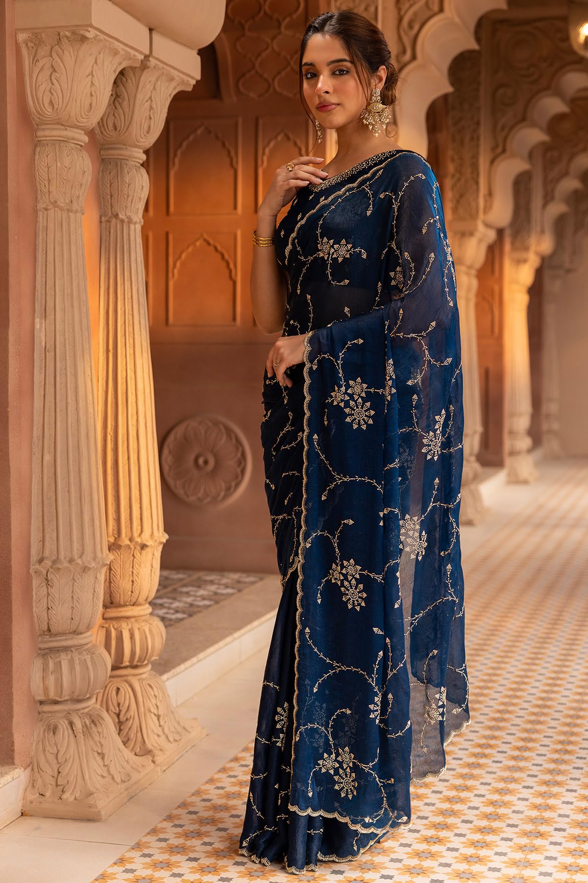 Soch Womens Teal Blue Organza Saree With Stone Work