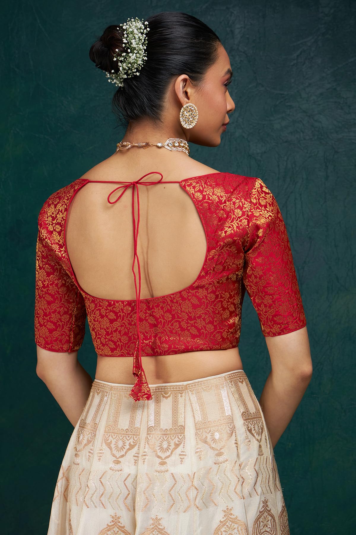 Soch Womens Red Art Silk Half Sleeve Blouse with Woven Floral Designs 38