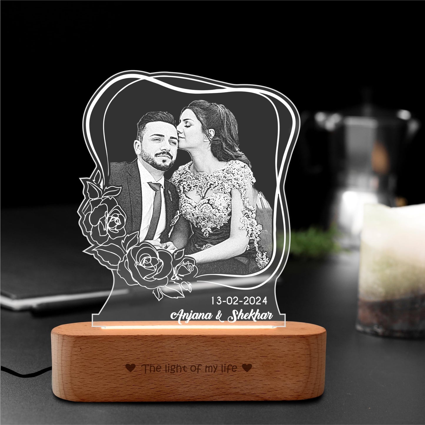 ZOCI VOCI Personalized Valentine Gift for Couple - LED Photo Frame | Customized Anniversary Gift for Wife & Husband | Photo Engraved Lamp (Bloom Light, Warm Light)