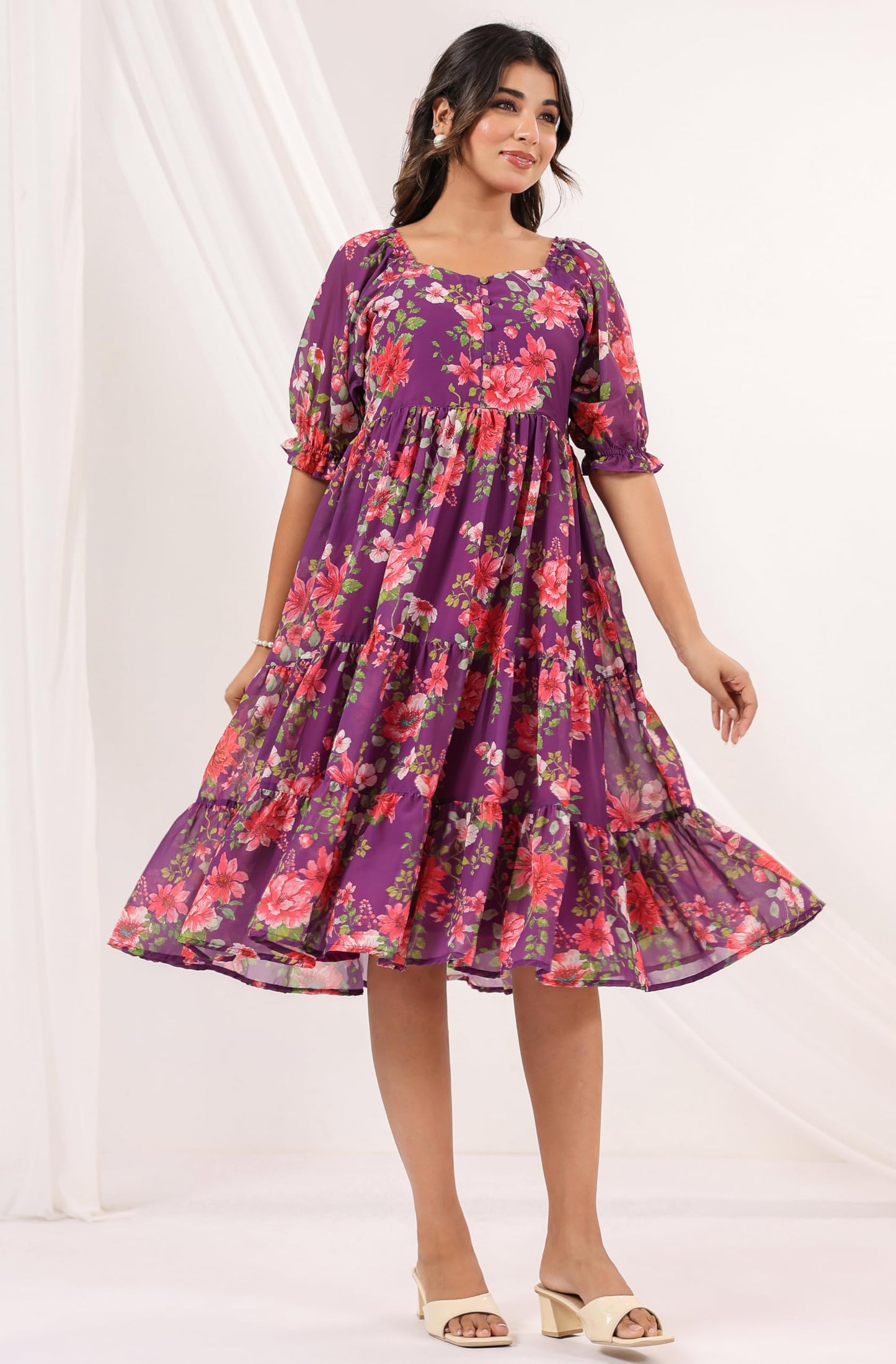 Janasya Women's Purple Georgette Floral Printed Tiered Dress (JAC24DR01628-L)