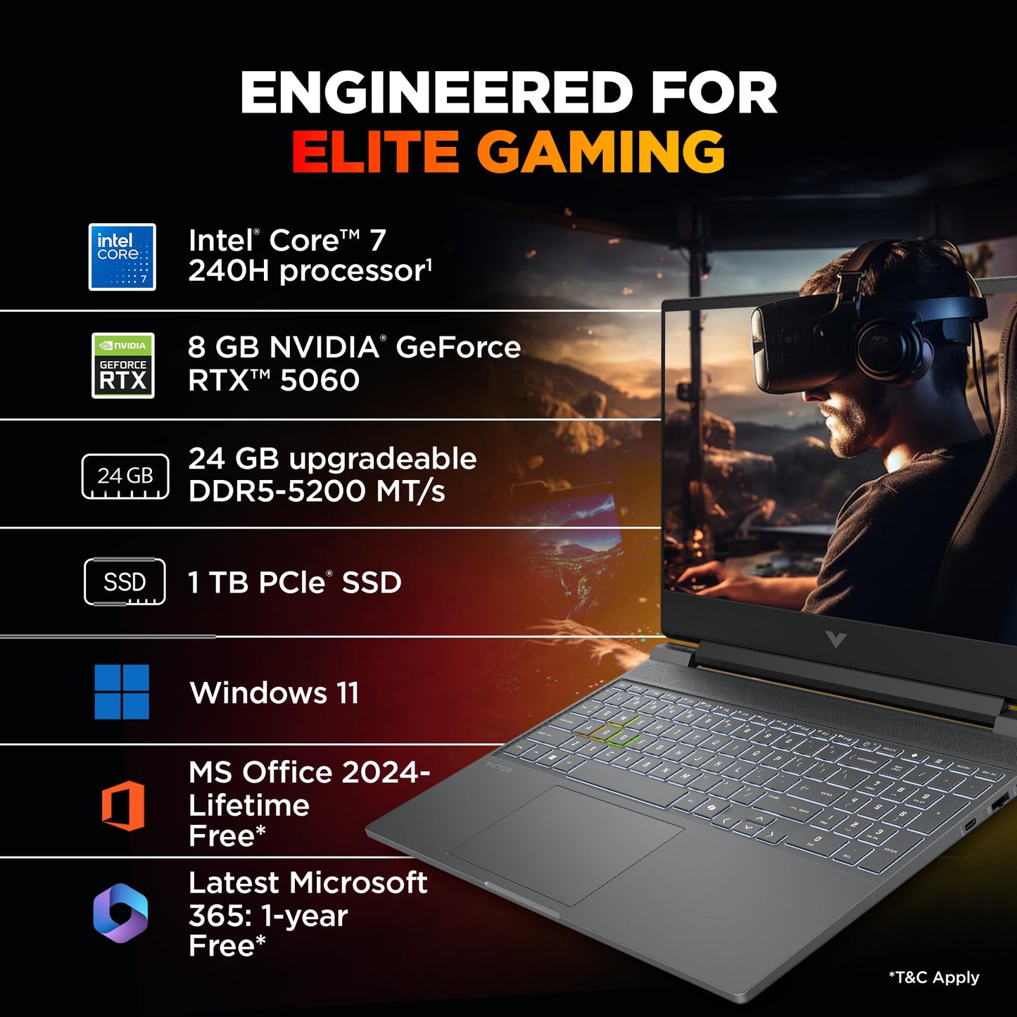 HP Victus, Intel Core 7 240H, 8GB RTX 5060, 24GB DDR5(Upgradeable) 1TB SSD, FHD, 144Hz, 300 nits, IPS, 15.6''/39.6cm, Win11, M365* Office24, Mica Silver, 2.29kg, fa2405TX, RGB Backlit, Gaming Laptop