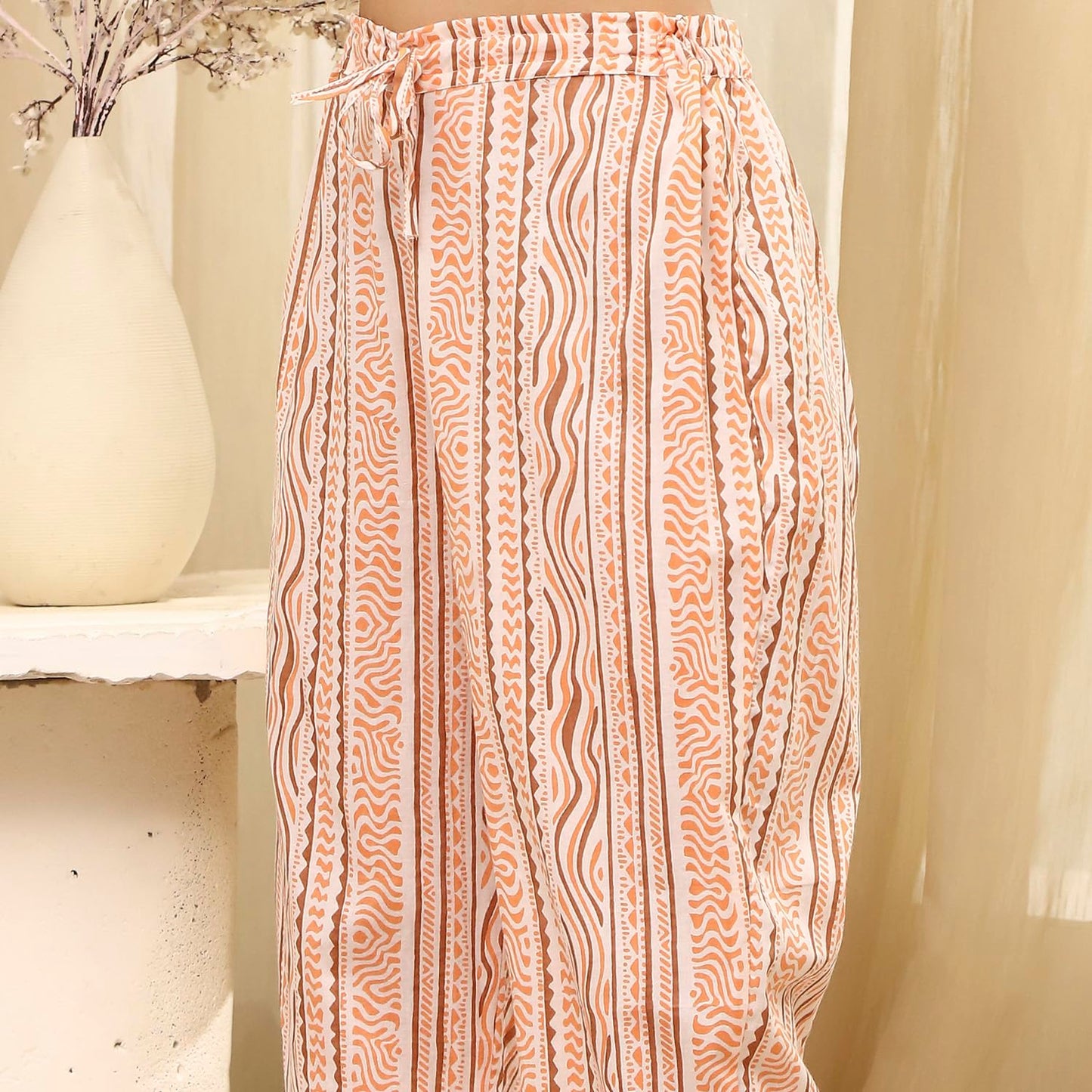 BIBA Women Peach Cotton Screen Print Unstitched Suit Set_FREE SIZE