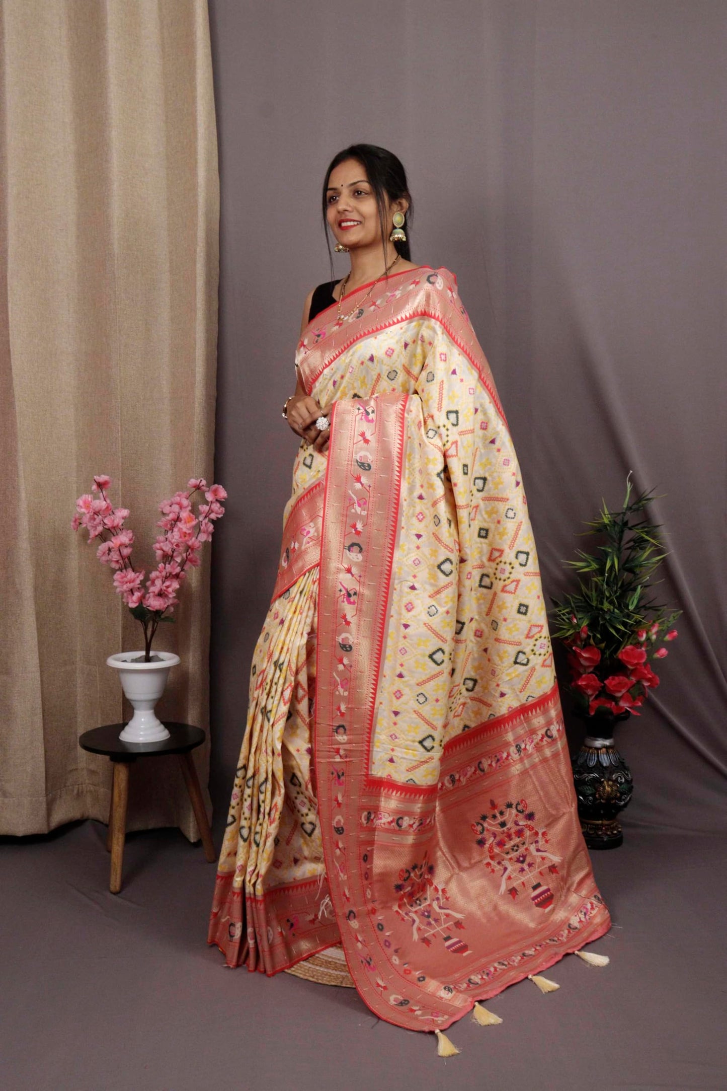 Pandadi Saree Women's Cream Pure Soft Kanchivaram Paithani Silk saree With Unstitched Blouse Piece