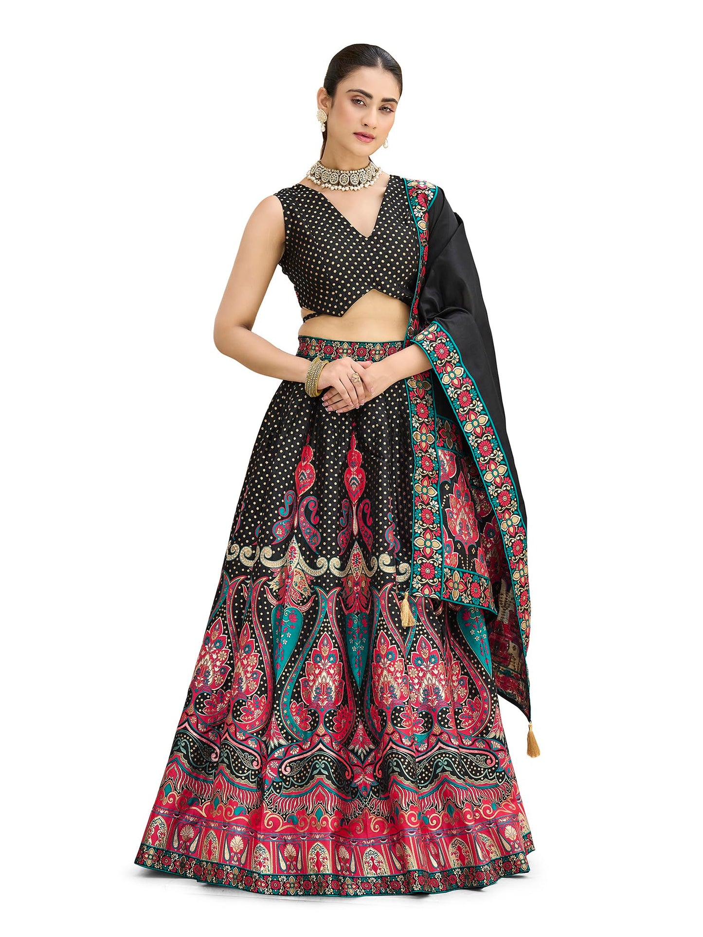 PURVAJA Women's Jacquard Semi-Stitched Lehenga choli (Sakhi-Black_Free Size)