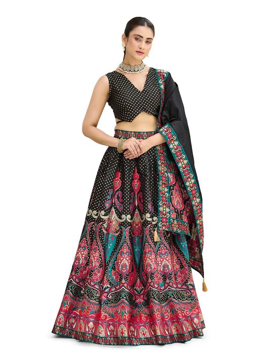 PURVAJA Women's Jacquard Semi-Stitched Lehenga choli (Sakhi-Black_Free Size)