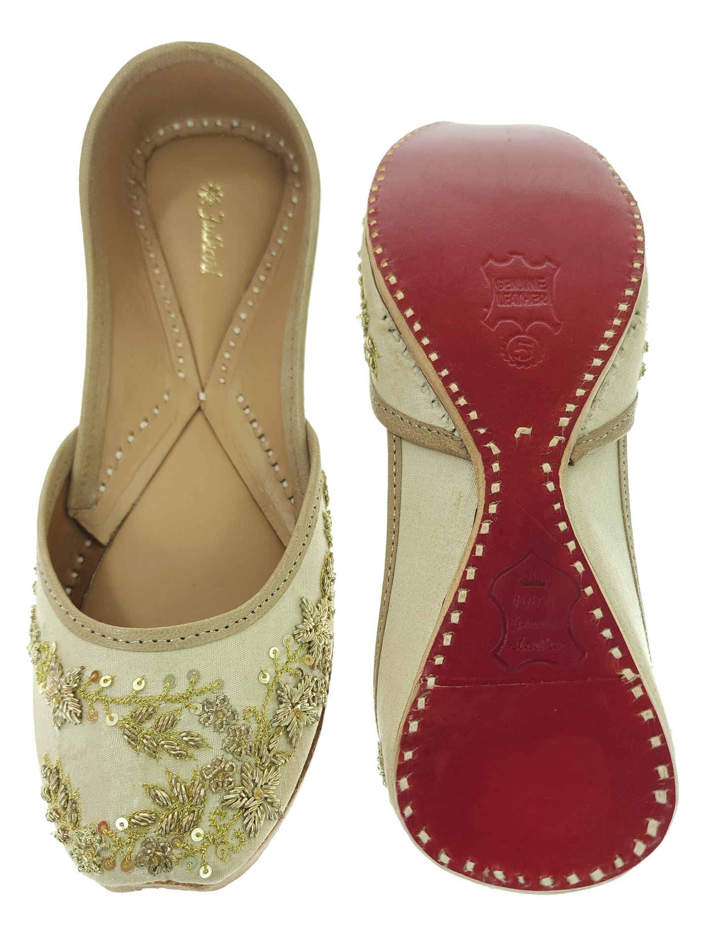 Fulkari Women's Paradise Beige Gold Soft Leather Embroidered Jutis | Bite and Pinch Free Jutti | Punjabi Formal Juttis | Girl's Wedding Flat Ladies Mojari | Formal Ethnic Juti | 42