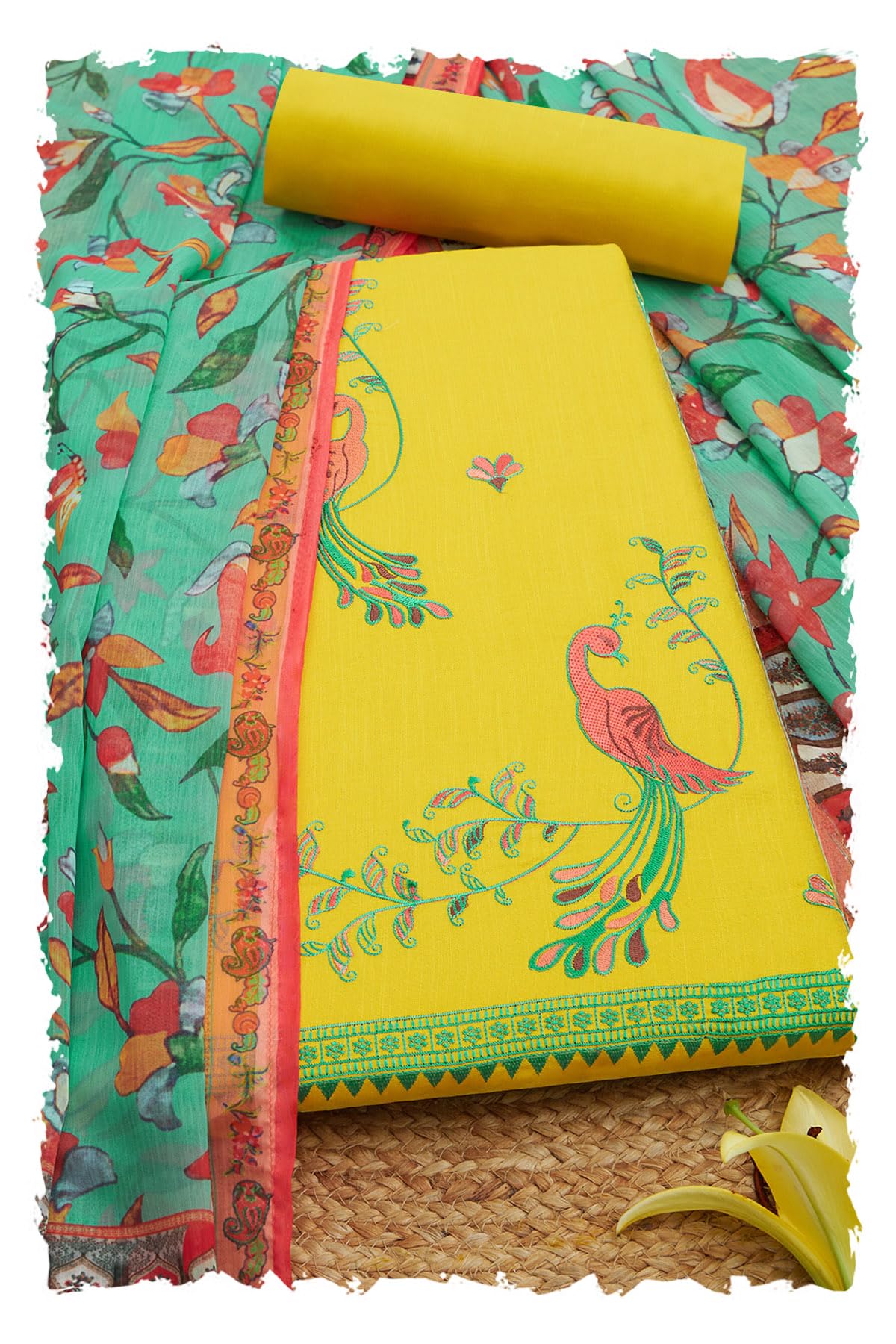 Soch Womens Yellow Cotton Embroidered Unstitch Dress Material With Thread Work