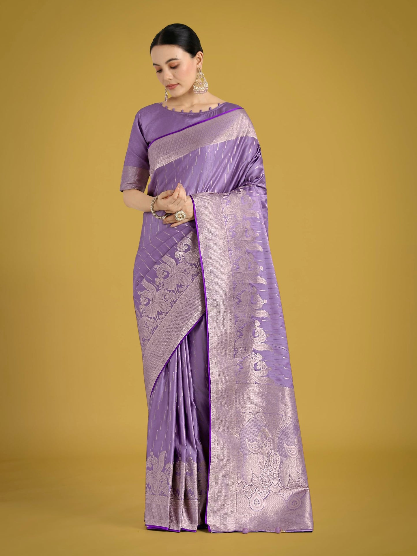 Monjolika Fashion Women Divine Dusty Lavender Zari Weaving Banarasi Satin Silk Trendy Saree For Festival Wear With Bewitching Blouse Piece (13300_Color) (Dusty Lavender)