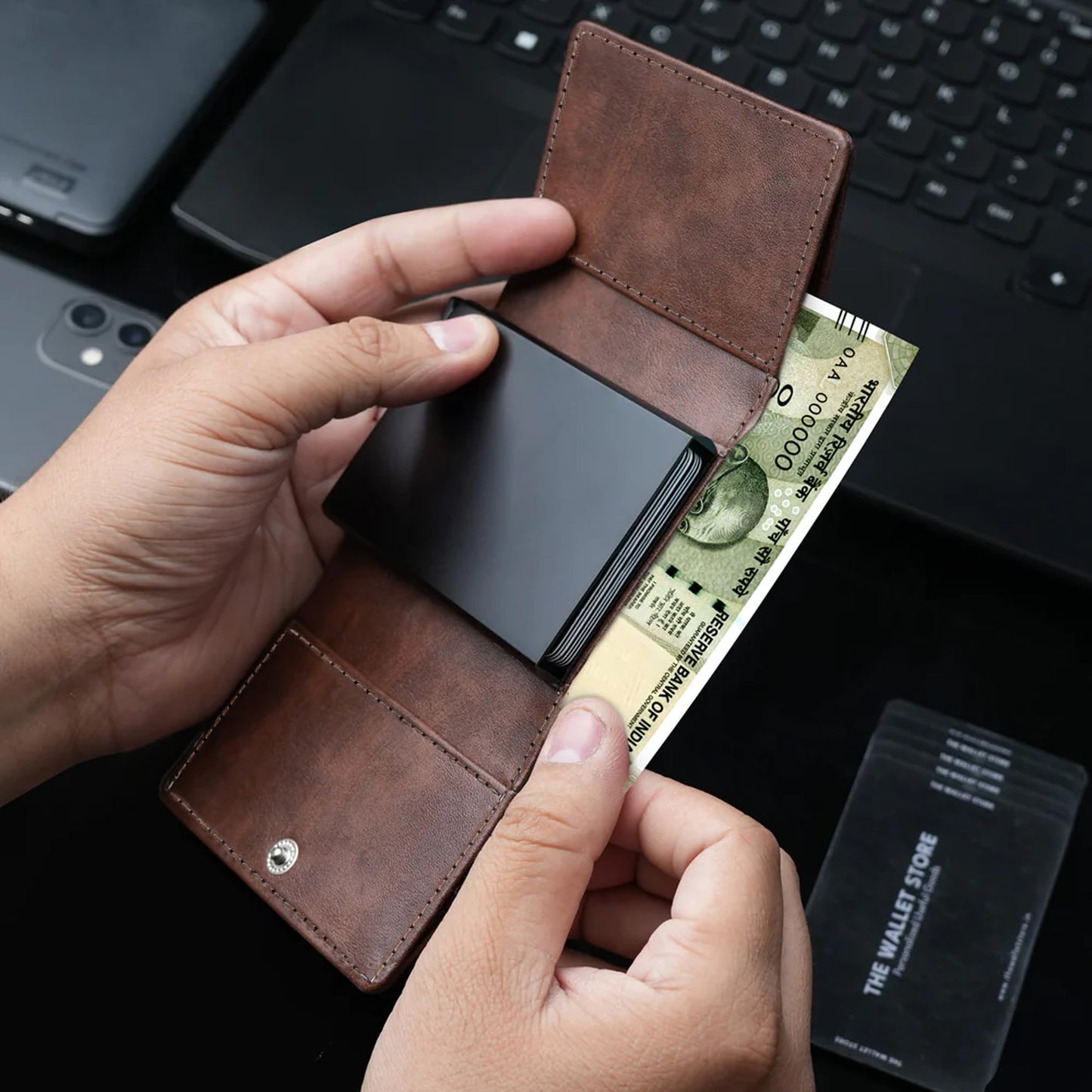 The Wallet Store Maverick RFID Protected Vegan Leather Wallet Cardholder | Pop-up Cardholder | Scan Proof Wallets for Men | Aluminium Case | Up to 8 Cards | Credit & Debit Cardholder (Brown)