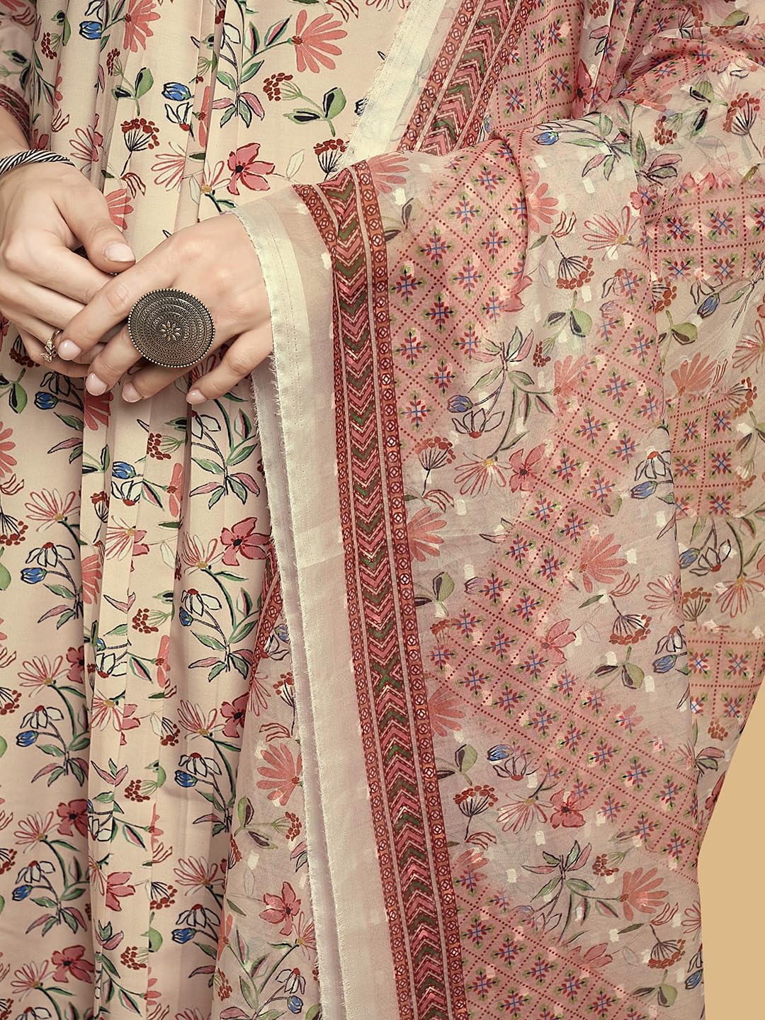 V4M Women's Peach Floral Printed A-Line Kurta Set | Kurta Pant With Dupatta