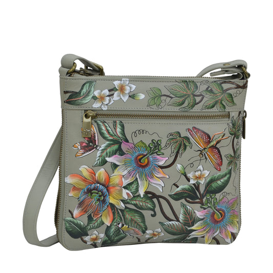 Anuschka Women’s Hand Painted Genuine Leather Expandable Travel Crossbody - Floral Passion