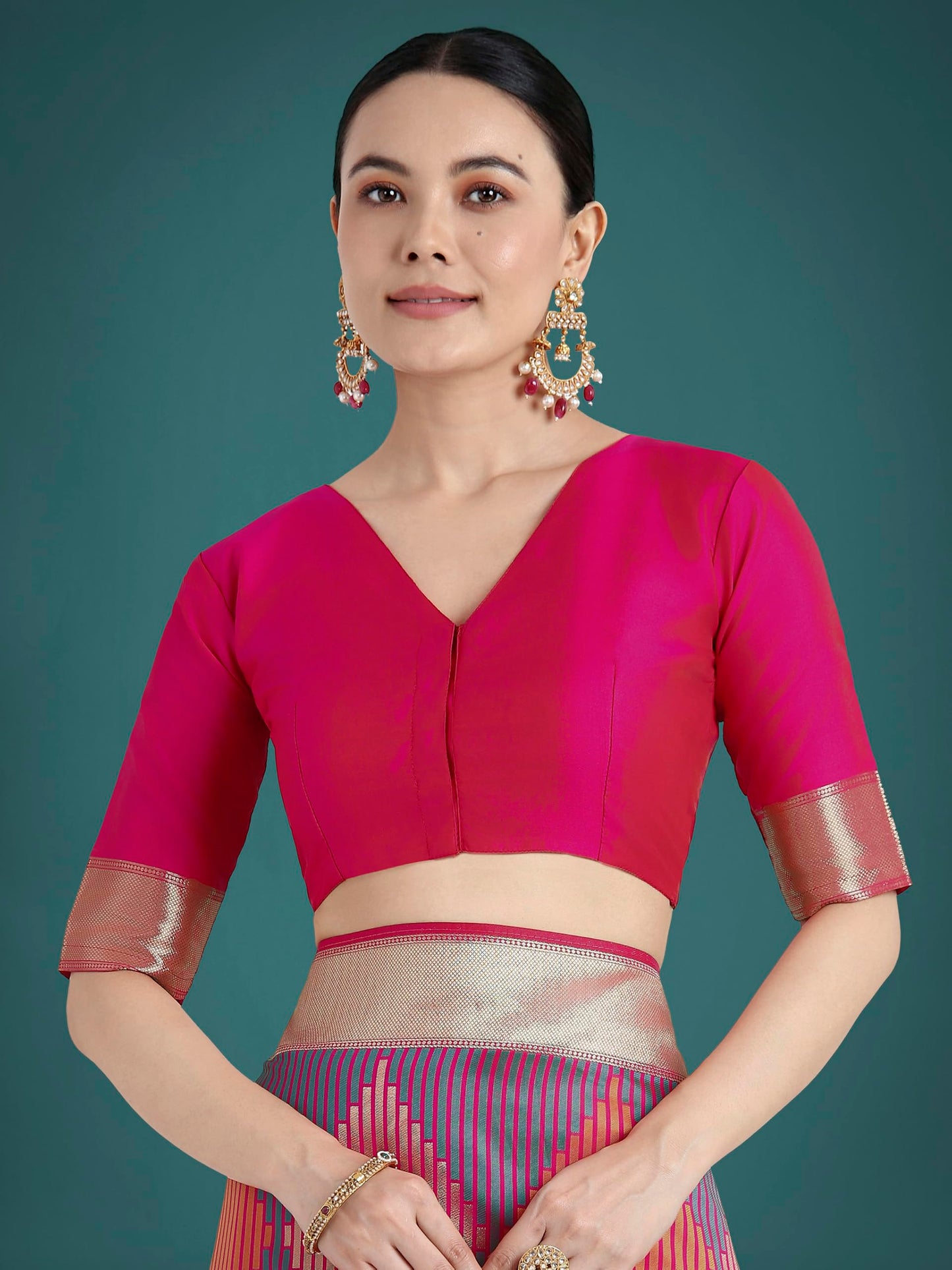 Monjolika Fashion Women's Banarasi Satin Silk Saree with Zari Weaving Geomatric Design Unstitched Blouse Piece