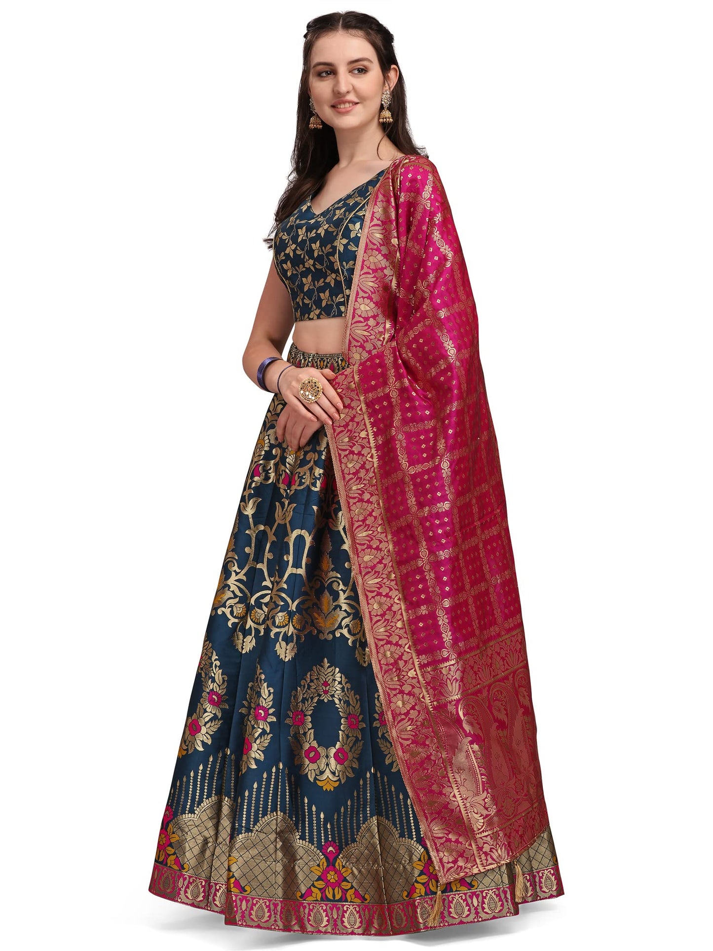 PURVAJA Women's Jacquard Semi-Stitched Lehenga choli (Amayra-Rama_Rama_Free Size)