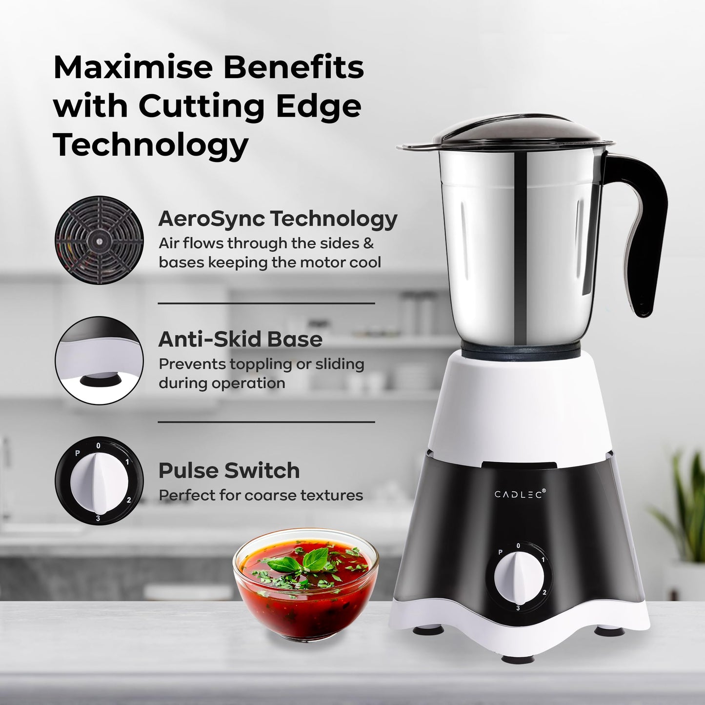 Cadlec JarGenie 4 Jar 750 Watt Mixer Grinder | High-Power Juicer, Blender & Mixer | Durable ABS Body | Multi-Function for Juicing & Blending | 2-Year Warranty