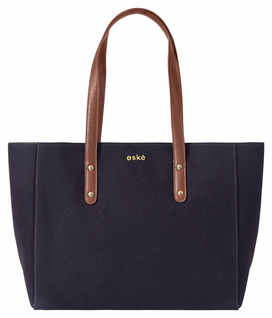 eske Alva Canvas Vegan Leather Tote Handbag For Women | Shoulder Bag For Daily Use (Navy Blue Cognac)