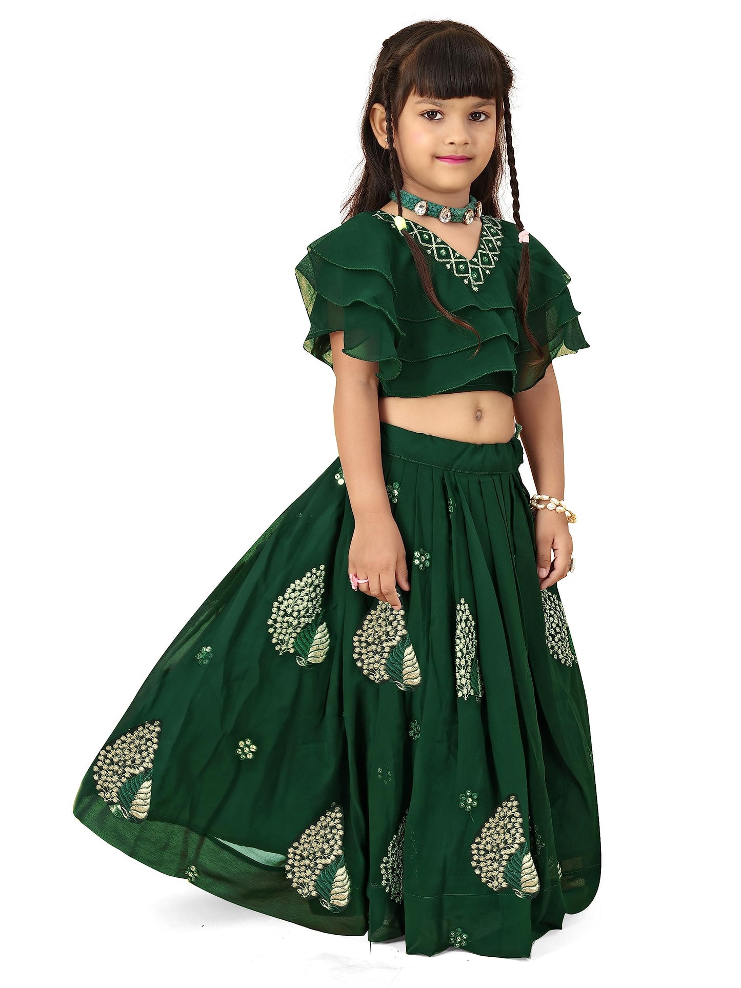 Tejam Kid's Girls Georgette Traditional Kids Lehenga Choli for Celebrations Colorful Ethnic Kids Lehenga Choli Set (6-7 Years, Green)