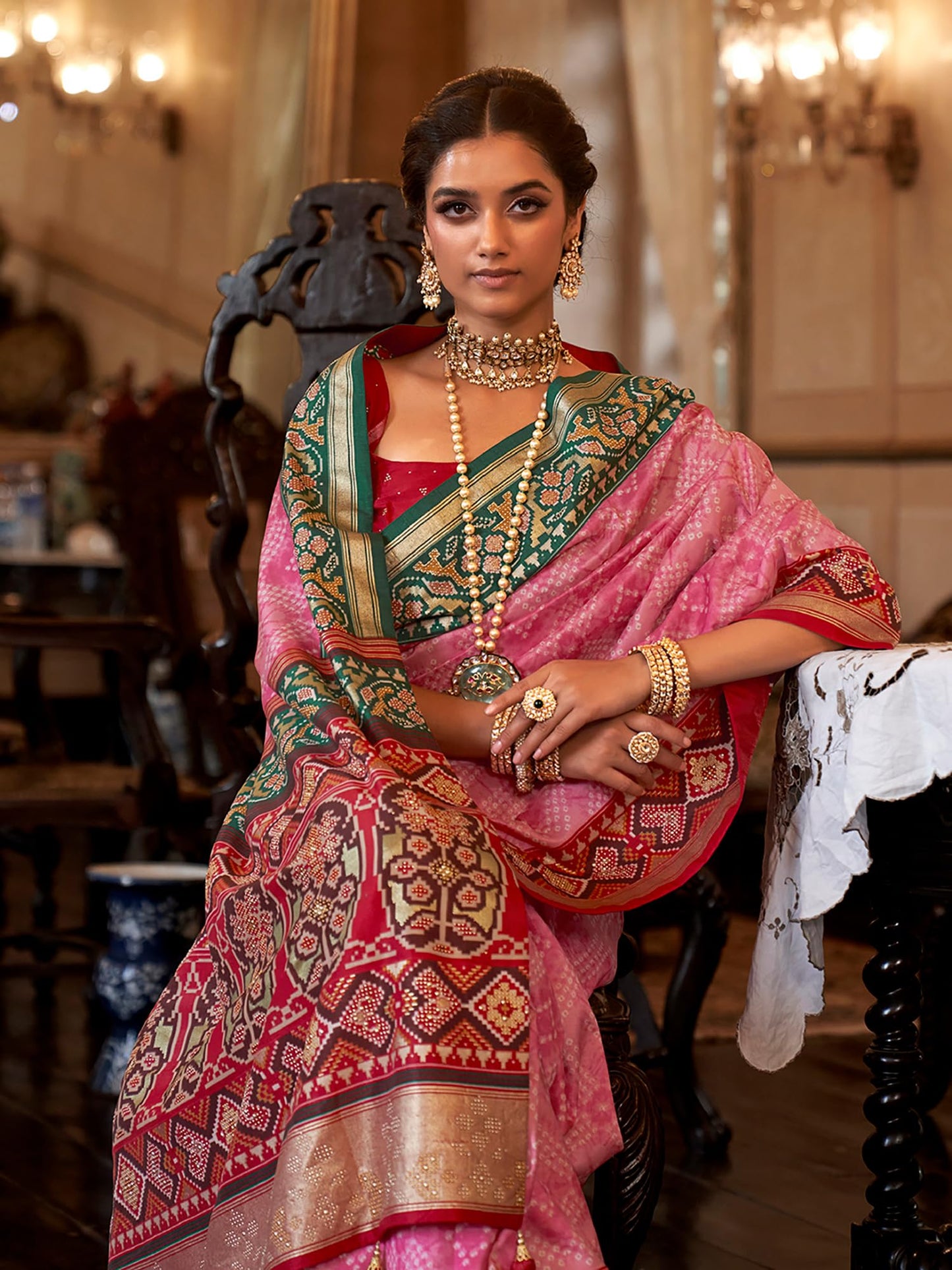 SAREE MALL Women's Embellished Banarasi Silk Saree With Unstitched Blouse Piece (Pink_RJWDIP1103_RW)