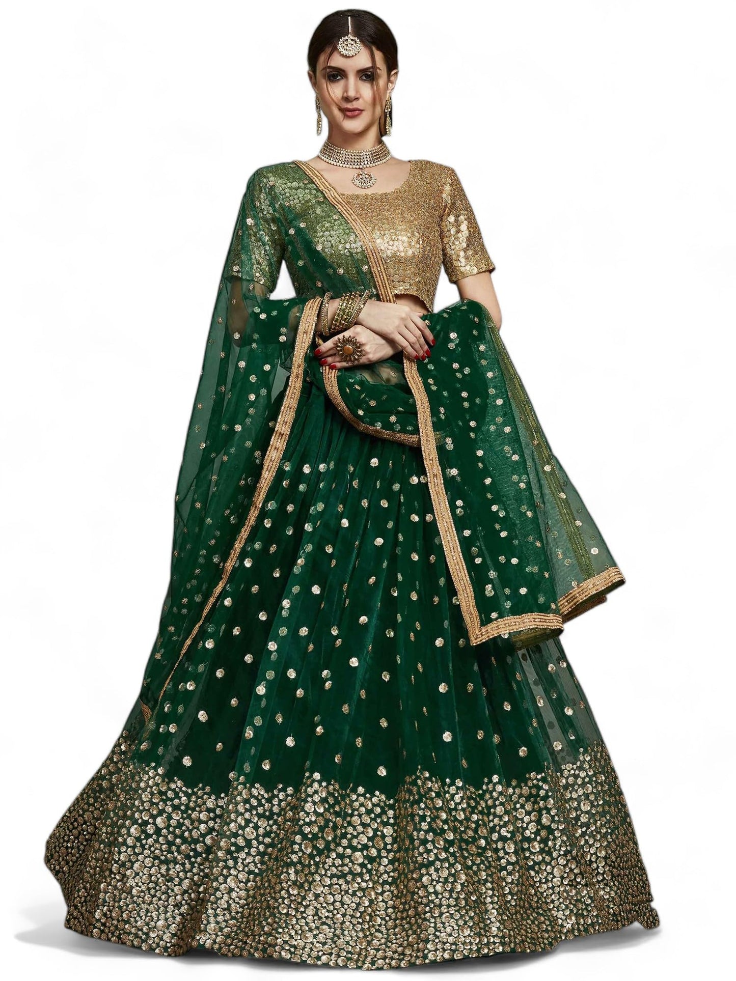 Zeel Clothing Women's Sequins Embroidery Work Soft Net Semi Stitched Lehenga Choli With Dupatta (2903-Green-Women-Lehenga-Choli-Latest; Free Size)