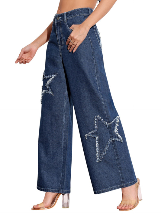 Miss Chase Women's High Rise Mildly-Distressed Regular-Length Stretchable Denim Wide-Leg Jeans (MCSS18DEN02-19-496-26, Deep Sea Blue, 26)