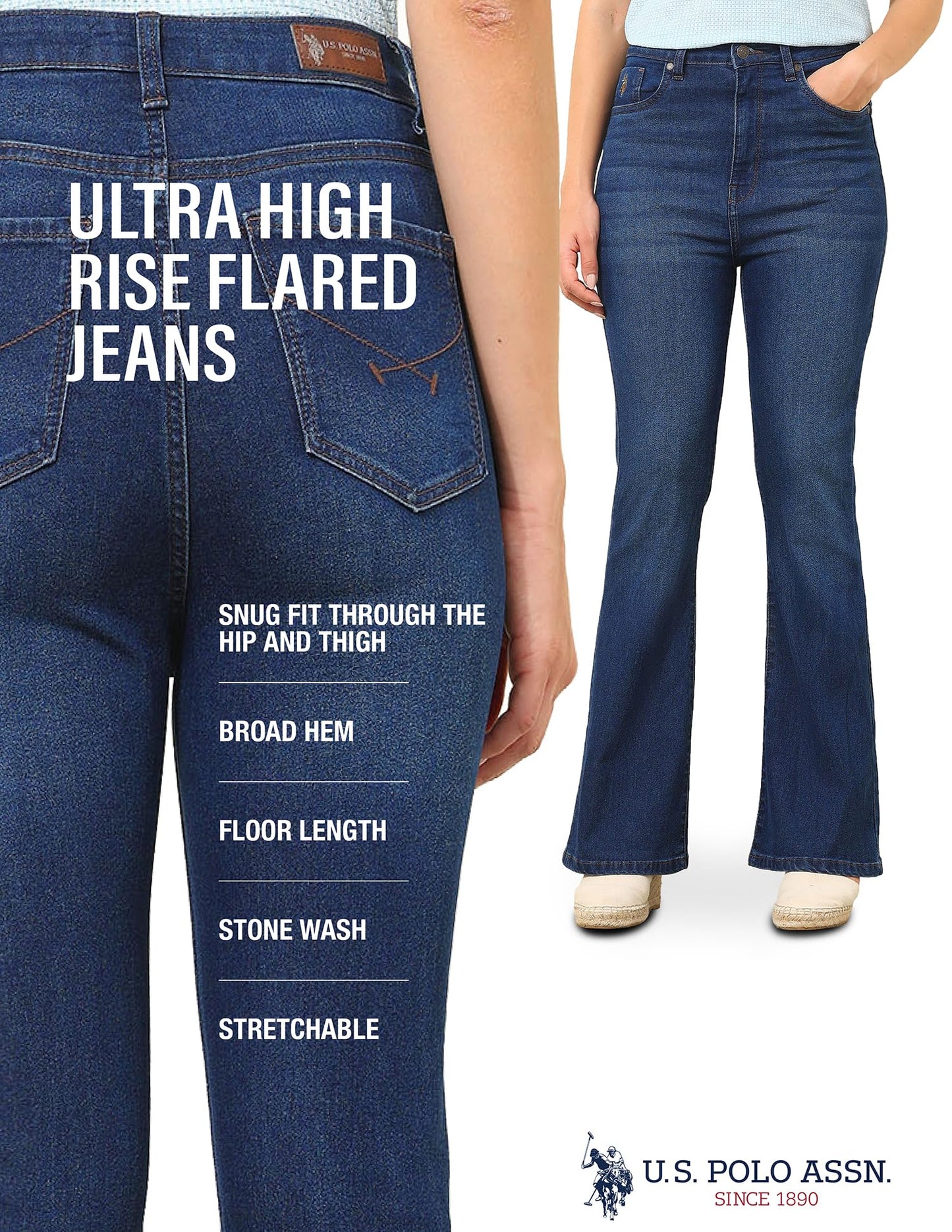 U.S. Polo ASSN. Ultra-High Rise Flared Fit Jeans (UWSS25JEN328_Blue_36)