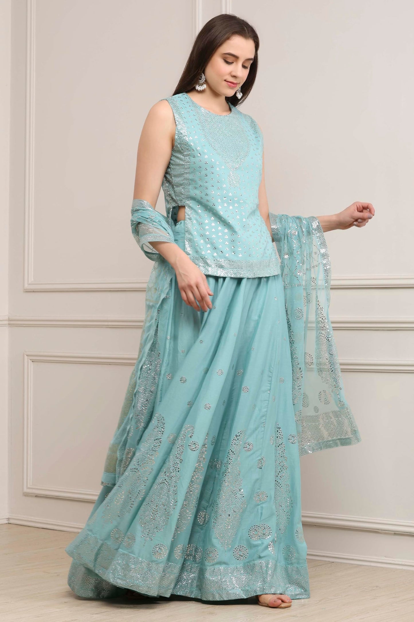 Biba Women Powder Blue Cotton Printed Lehenga Set_36