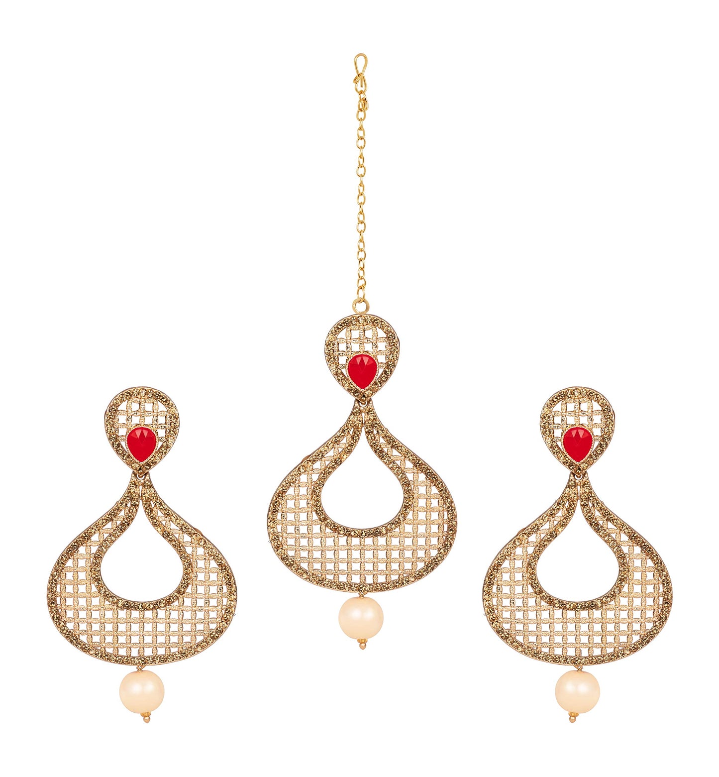 JFL - Jewellery for Less Gold Plated Jali Pattern Stone and LCD Diamond Studded Maang Tikka with Dangler Earrings for Women and Girls (Red),Valentine