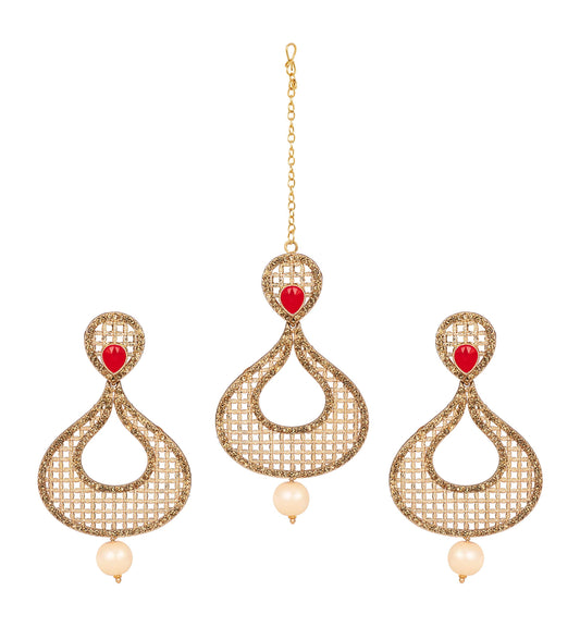 JFL - Jewellery for Less Gold Plated Jali Pattern Stone and LCD Diamond Studded Maang Tikka with Dangler Earrings for Women and Girls (Red),Valentine