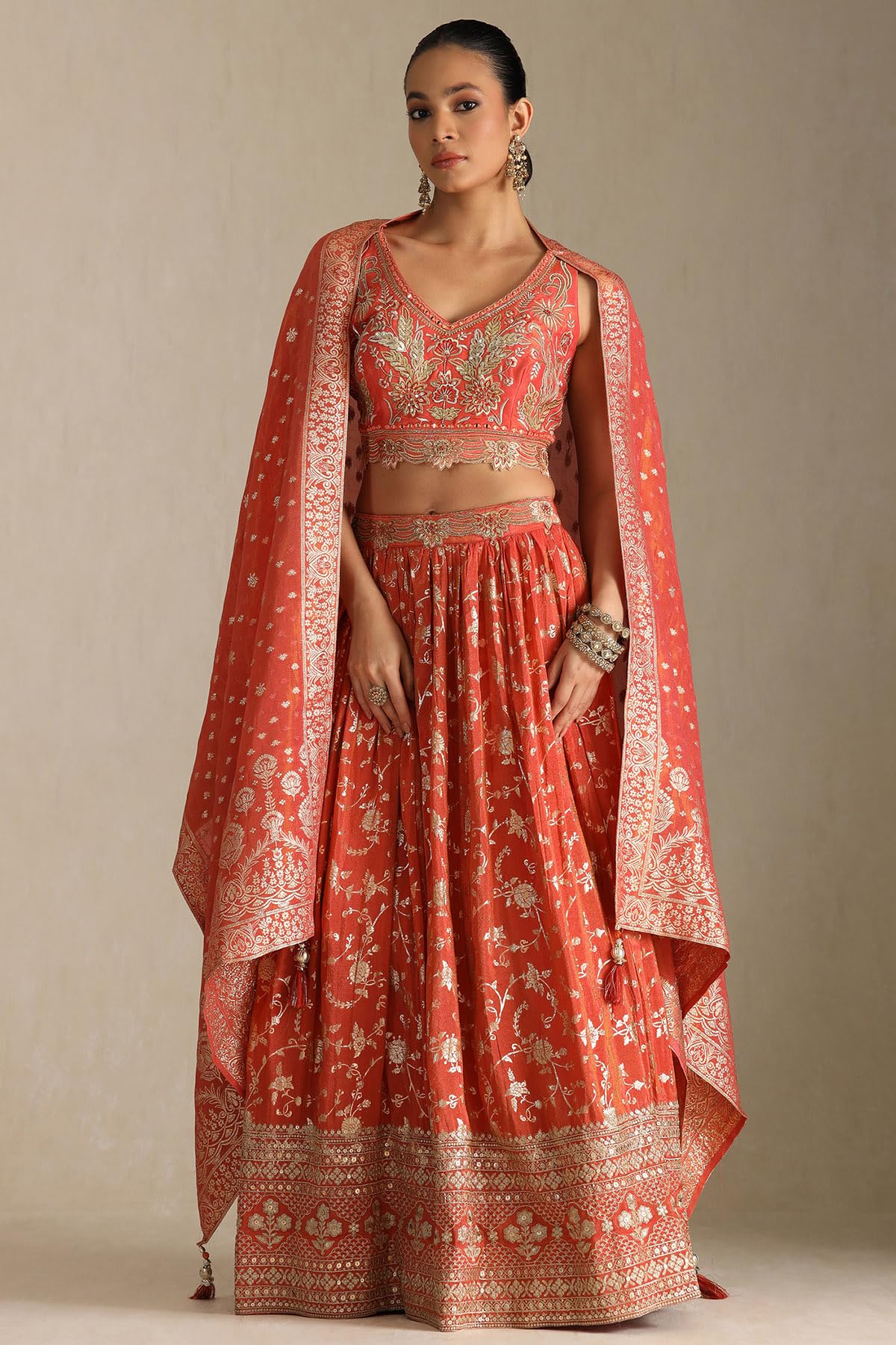 Soch Womens Orange Viscose Embroidered Ghagra Choli With Sequins