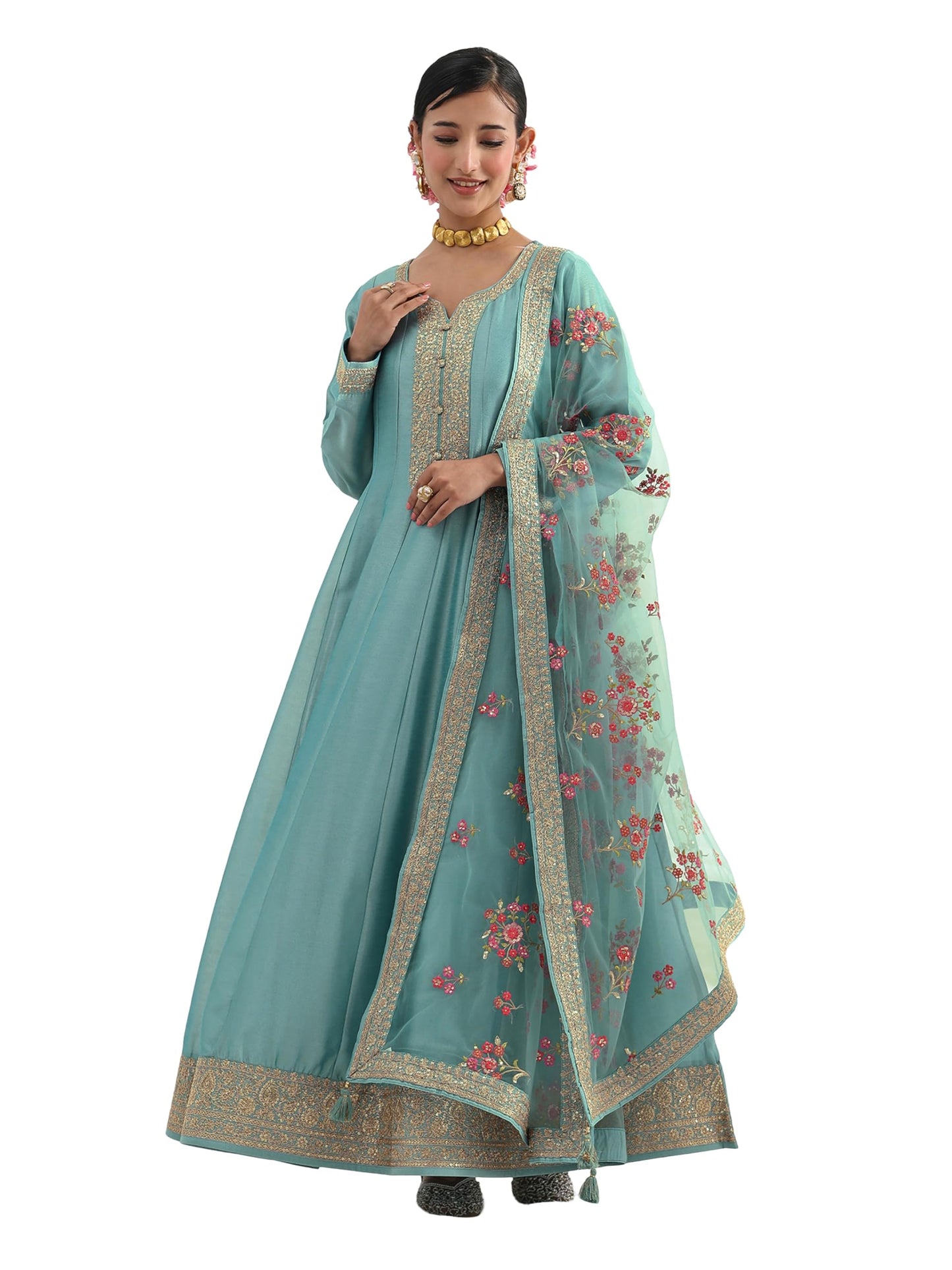 Libas Embroidered Silk Blend A-Line Ethnic Dress with Dupatta-93613XL