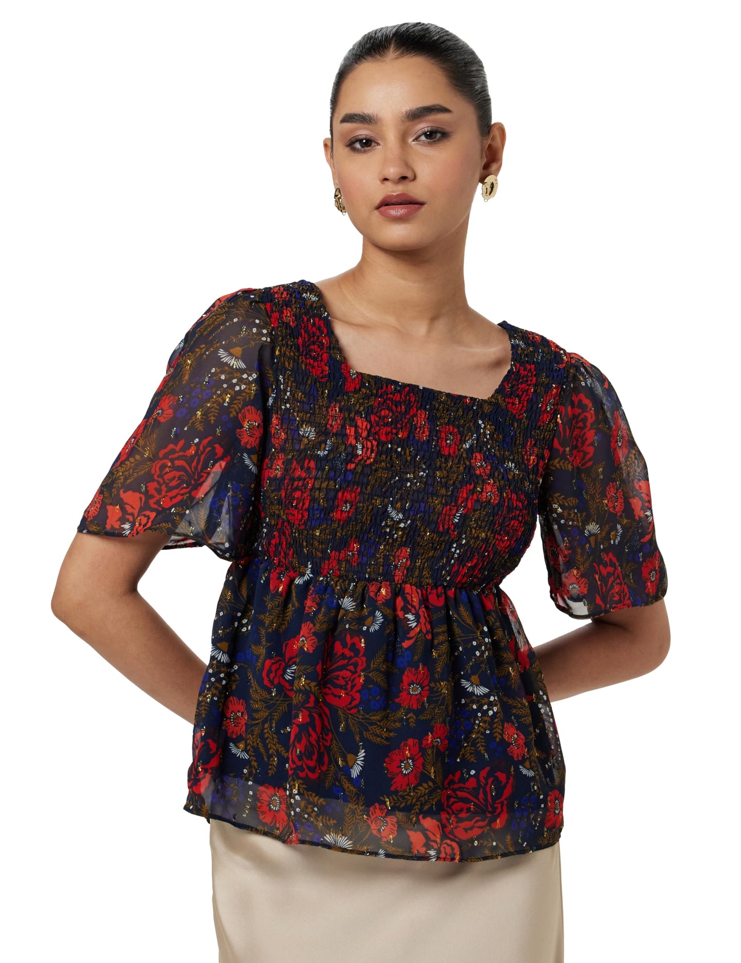 VERO MODA Women Floral Print Navy Polyester Peplum Top