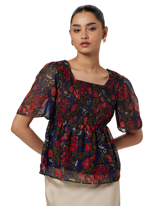 VERO MODA Women Floral Print Navy Polyester Peplum Top