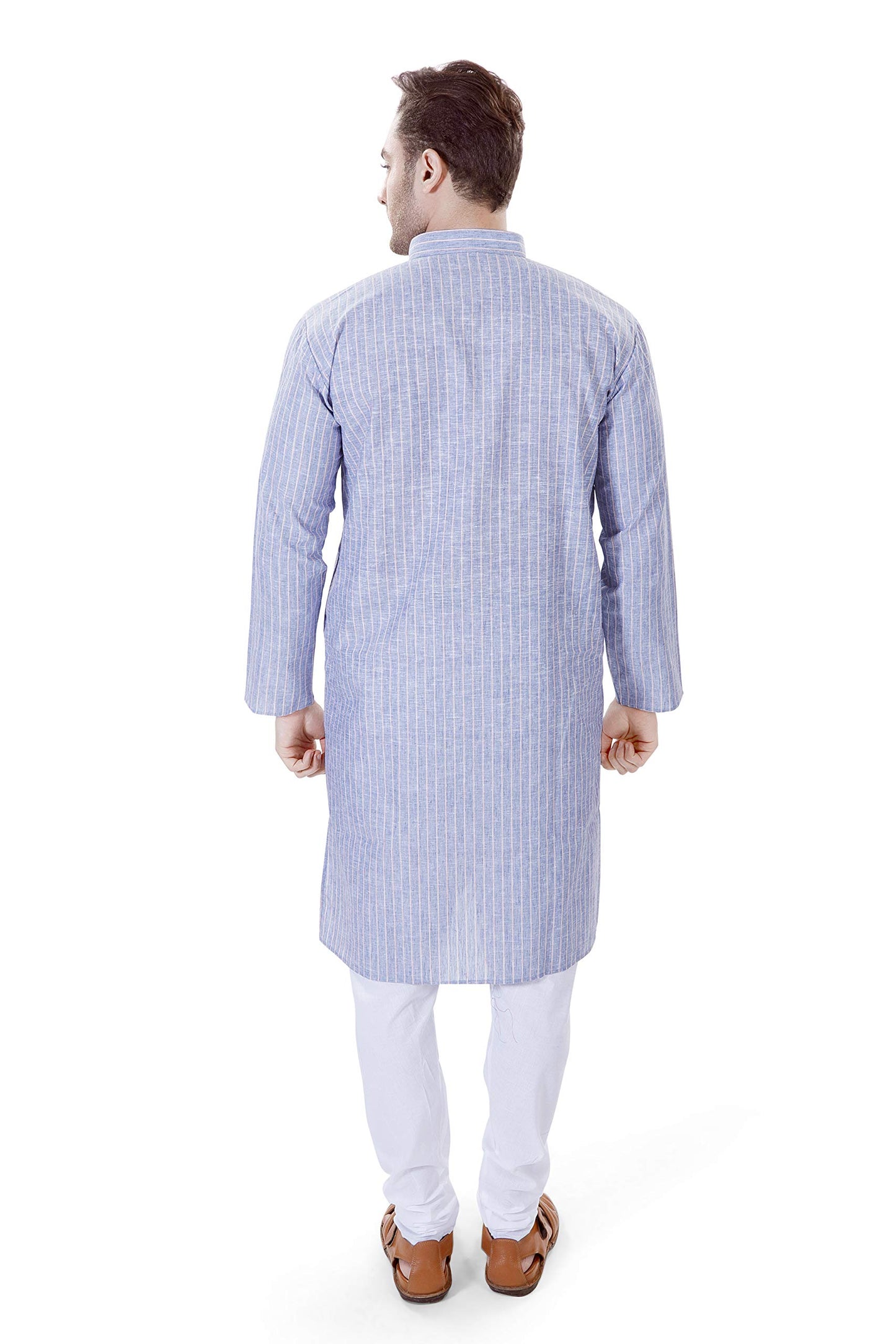 LUCKWIN Cotton Linen Regular Fit, Mandarin Collar, Vertical Stripes Kurta Pyjama Set in Blue for Men [LWKP069-36]