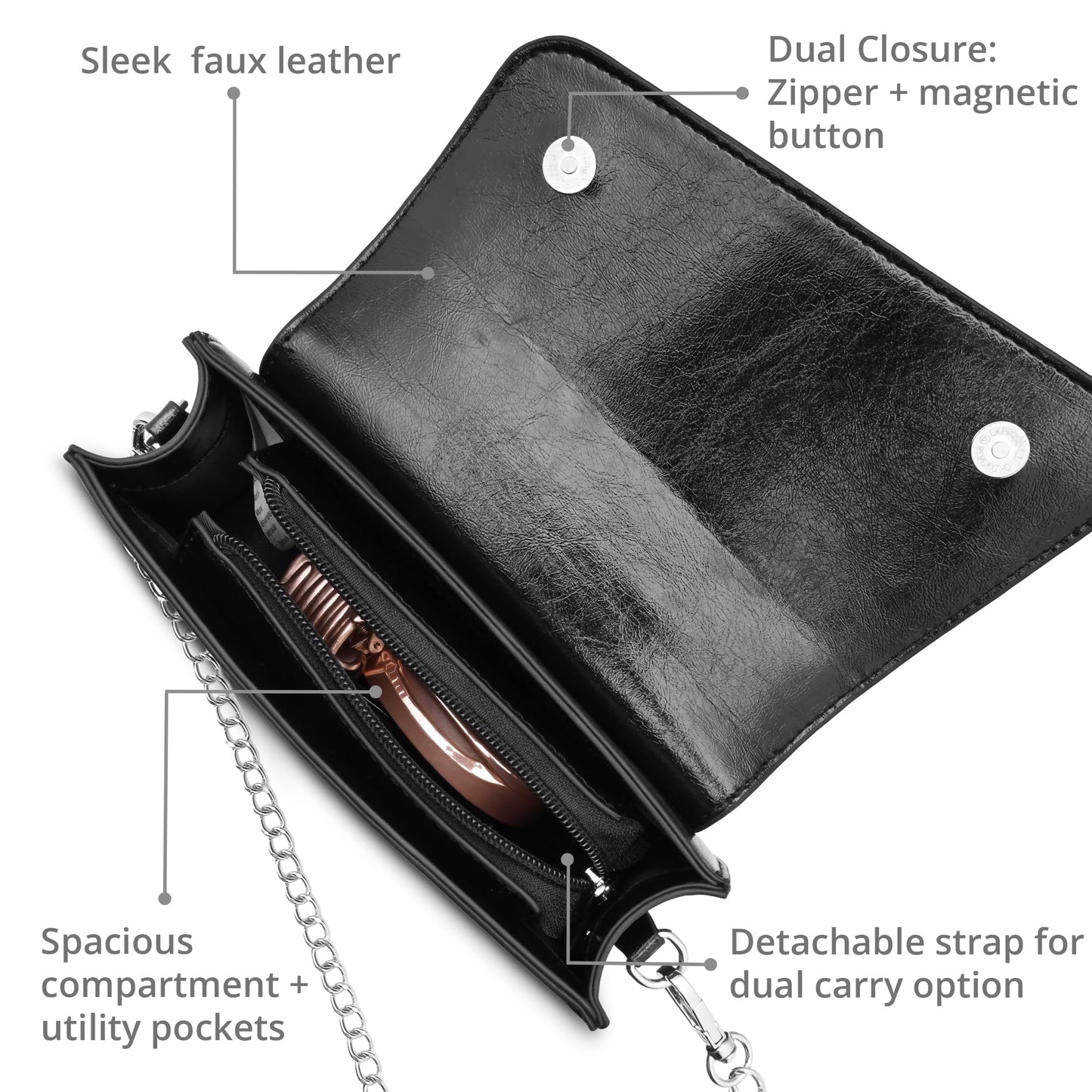 Fastrack Lil’Spark Sling | Black Faux-Leather Women’s Handbag | Sling with Fixed Handle & Detachable Strap for Casual & Party Carry