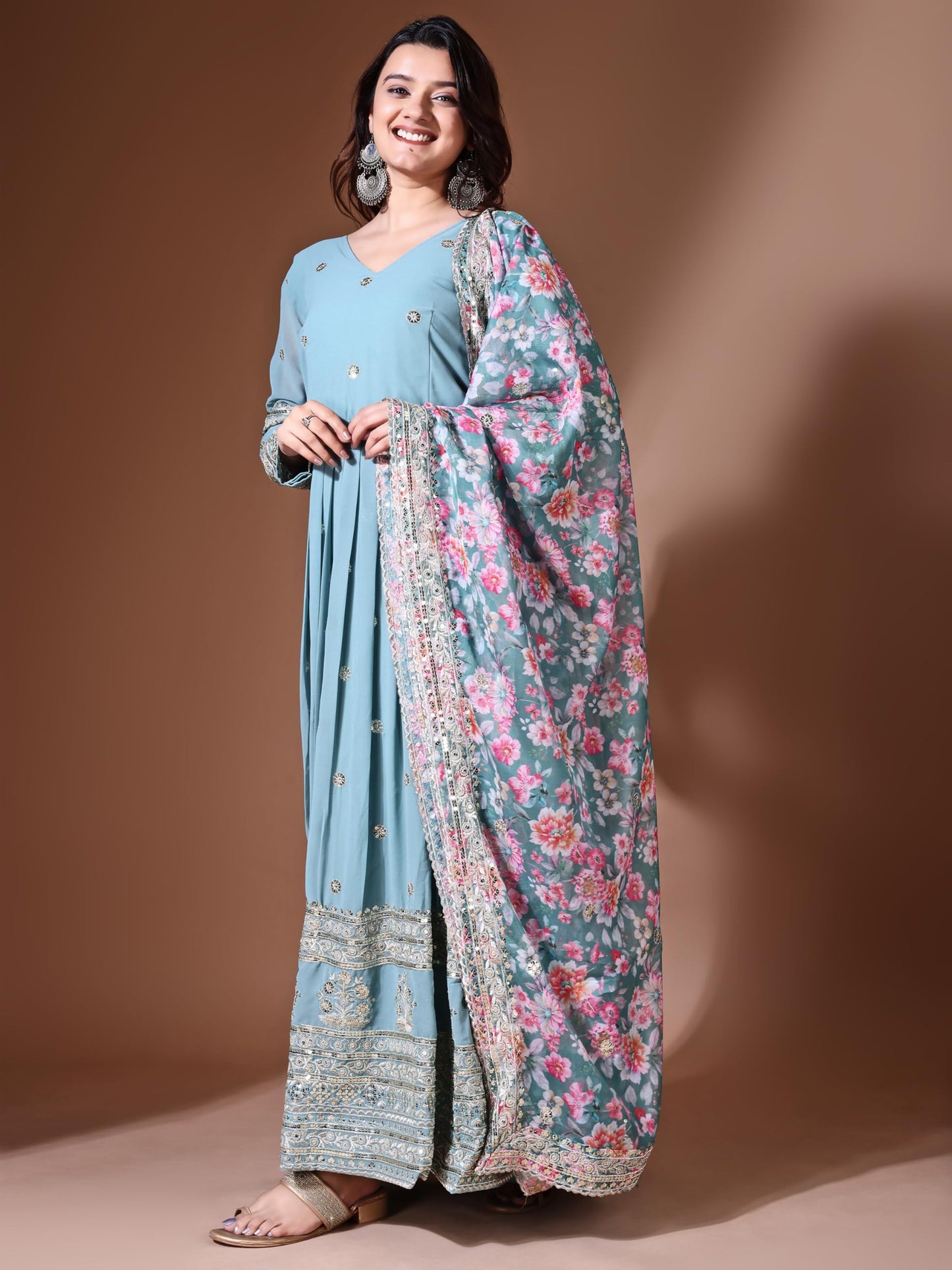 Fashion Basket Georgette Embroidered Anarkali Dress for Women (in, Alpha, 2XL, Regular, Sky Blue)