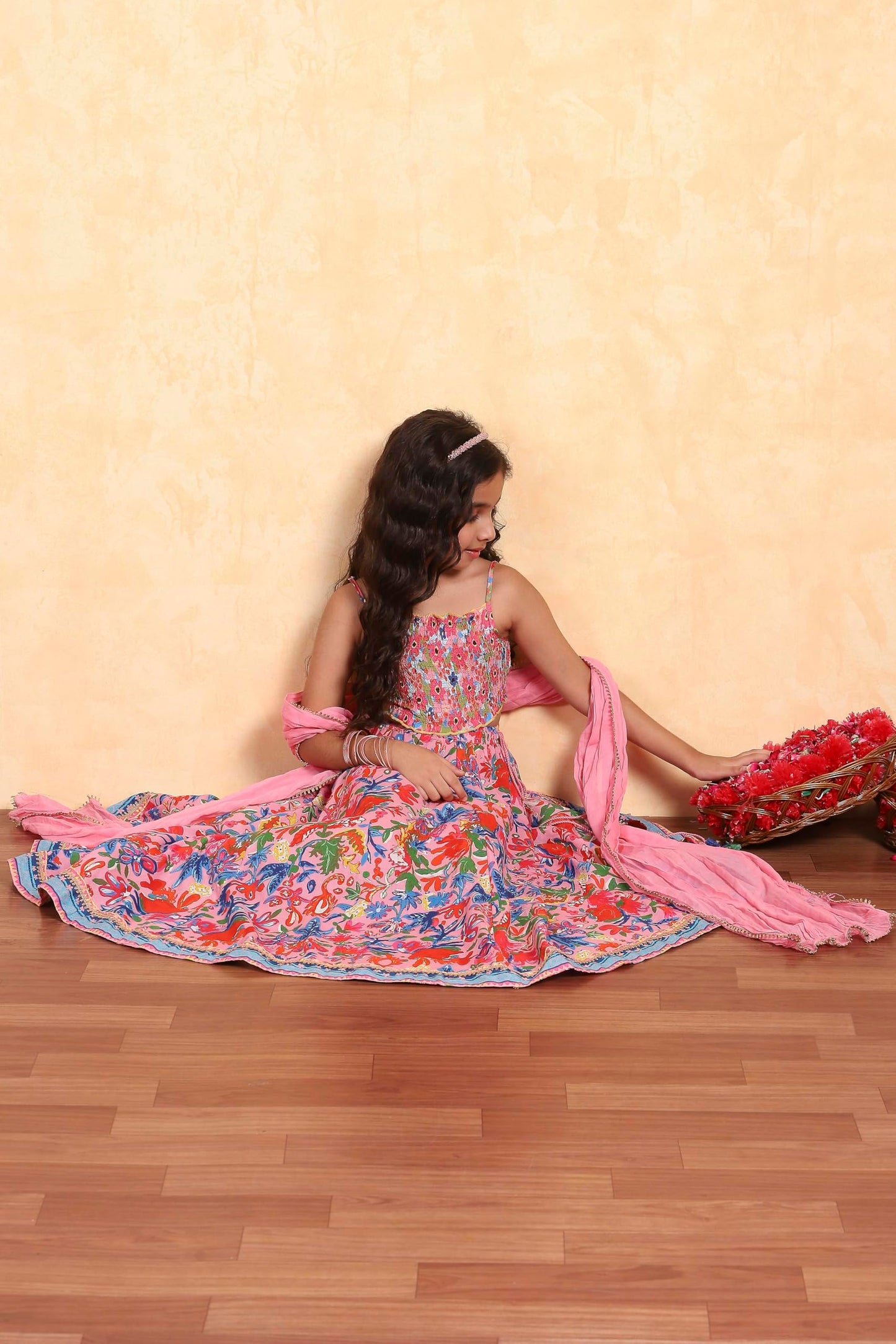 Biba Girl's Pink Viscose Short Top Lehenga Set