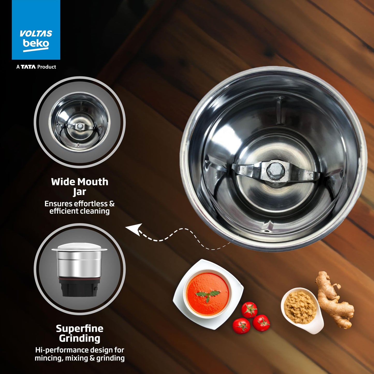 Voltas Beko, A Tata Product Powerfull 500 W Mixer Grinder with GrindX Technology (G5003HP-WH | 3 Jars | White)