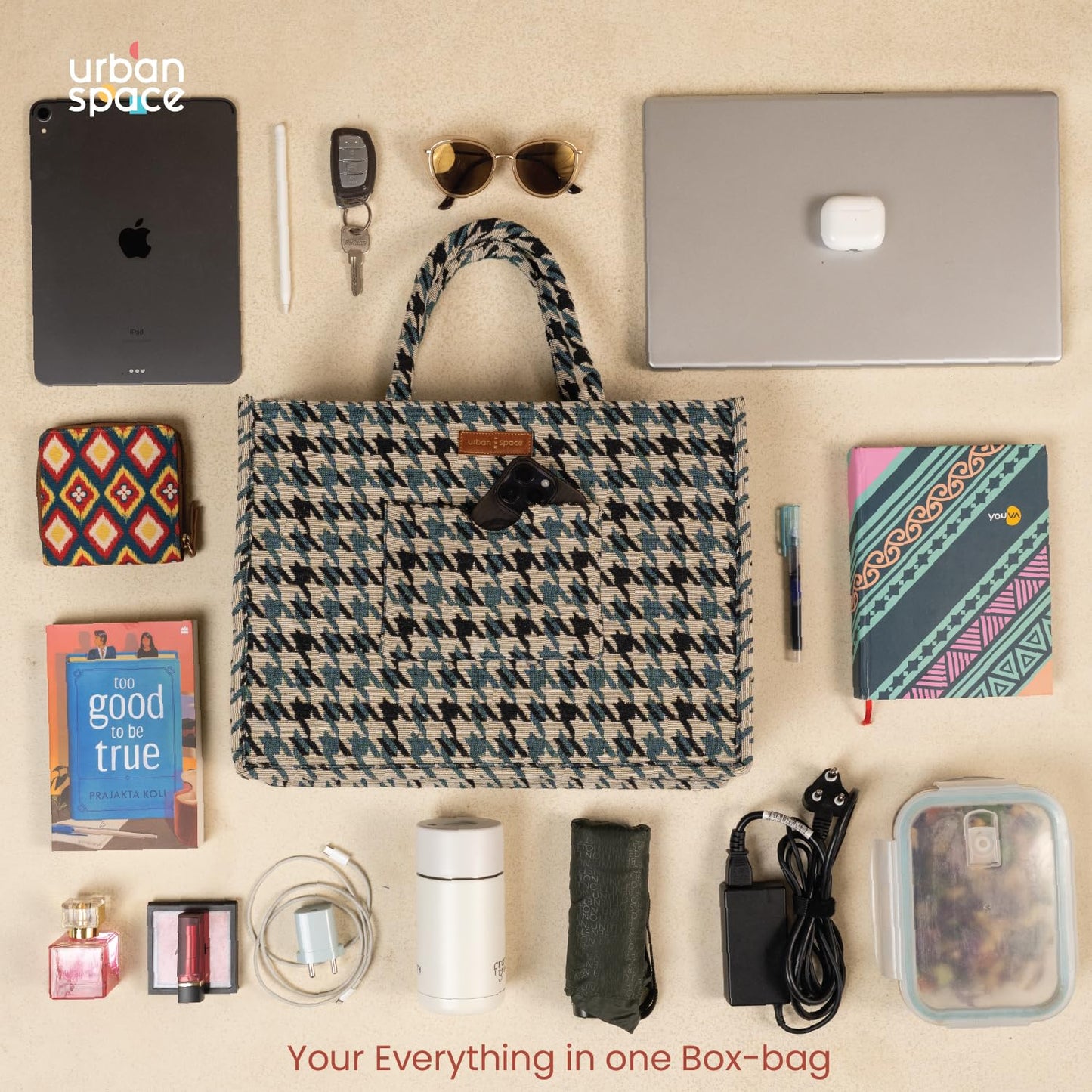 Urban Space Women Canvas Tote Bag, Stylish & Multisection Cotton Jacquard Handbag with Zip closure, Handcrafted Padded Laptop Bag for 16" laptop | Shopping Shoulder Bag - Houndstooth