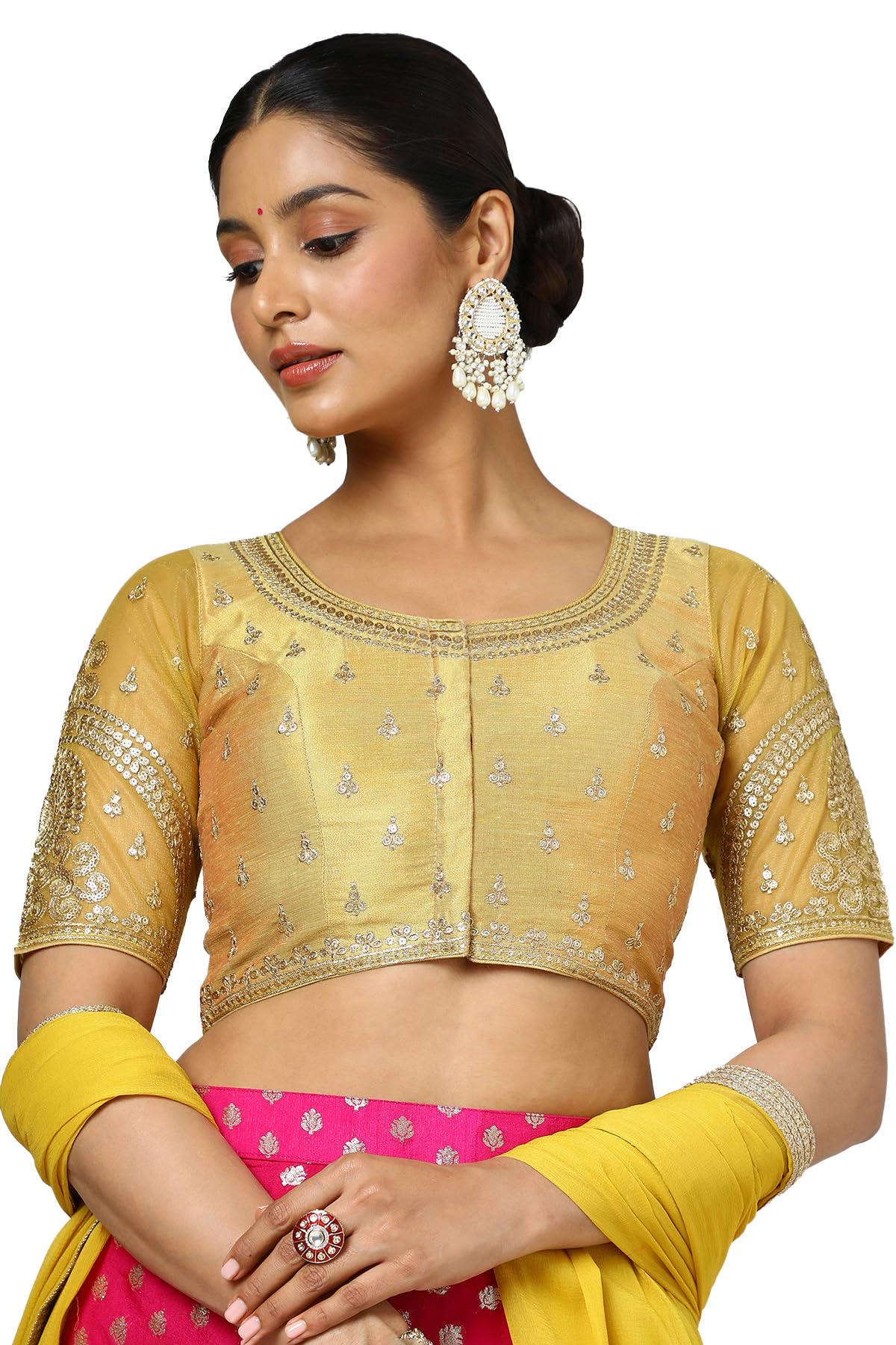 Soch Women's Tissue Embroidered Sleeveless Regular Fit Blouse (BLHSEMB00651_Mustard 34)