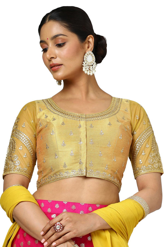 Soch Women's Tissue Embroidered Sleeveless Regular Fit Blouse (BLHSEMB00651_Mustard 34)